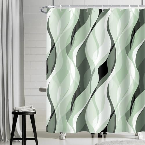 Uiiooazy Rideau Douche Anti Moisissure, Rideau de Douche Vert Sauge Abstrait Reyures Rayé Rideaux de Baignoire Tissu Imperméable Lavable Polyester Rideaux Salle de Bain avec 12 Crochets 180x200cm