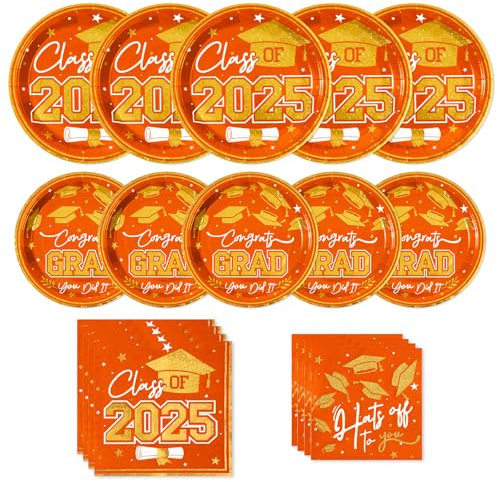 Tyzarglef 2025 Graduation Plates and Napkins ,Orange and Gold Class of 2025 Congrats Tableware,Disposable Luncheon Plates & Cocktail Napkins for Graduation Party Decorations,Serve 30