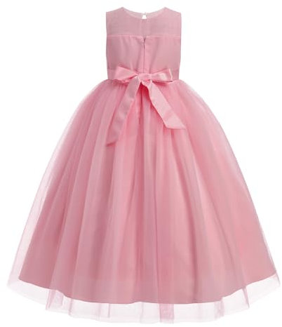 IWEMEK Robes pour Petites Filles Tulle Dos Nu Longues Bal Fin d'ann�e sans Manches Bouffantes Princesse Habill�e de Soir�e Mariage Demoiselle d'honneur Bapt�me F�te Anniversaire Rose 9-10Y