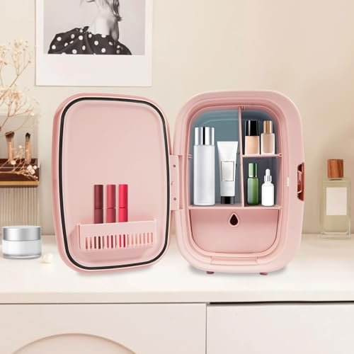 OMGGYER 12L Kosmetik Skincare Kühlschrank Leise Auto Mini Kühlschrank Getränke Minikühlschrank mit Kühl-/Heizfunktion für Autos Büro Schlafzimmer Schlafsäle, 29 * 25 * 44cm (Rosa)