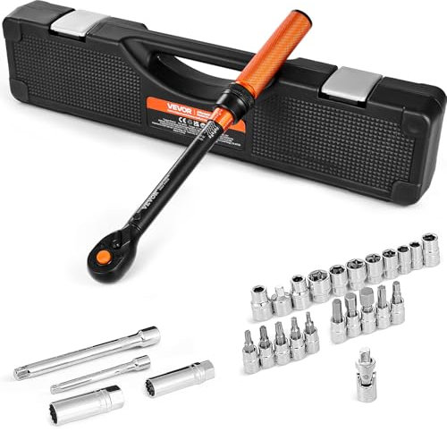 VEVOR Set di Chiavi Dinamometriche Clic, 5-60 N.m e 3,7-44,3 lbf.ft Chiave Dinamometrica Bidirezionale, 72 denti, con Barra di Prolunga, Bussole per Candele, Adattatore, per Riparazione di Automobili