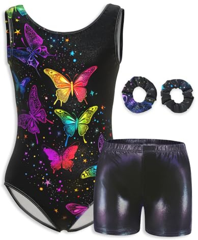 Mulnall Girls Gymnastics Leotard with Shorts for Kid | Modest high back, quick fit for gymnastics training & contests, set with leotard, shorts, scrunchies