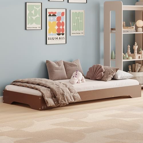 smartwood Kinderbett 100x190 cm mit Lattenrost, aus Holz, Braun, TILA 7 | Montessori Bodenbett, Einstiegshöhe 18 cm, Belastbar bis 230 kg, FSC-Kiefernsperrholz, abgerundete Kanten, Einfache Montage