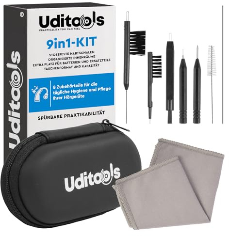 Hörgeräte-Reinigungsset 9-in-1 Uditools - Hartschalenkoffer im Taschenformat - Zubehörset mit Bürsten Ultradünnes Gewinde und Batterieentnahmemagnet - Kompatibel mit HdO RIC IdO Kopfhörer