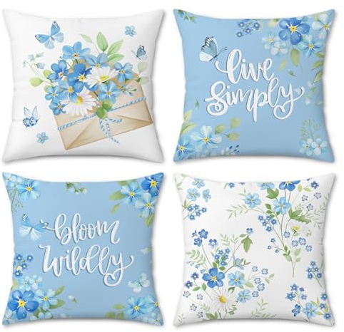 COZZSNUGE Frühling Blume Kissenbezüge 45 x 45 cm, Blumen Blätter Schmetterlinge Blau Samt Dekorative Kissenhülle Zierkissenbezüge für Sofa Wohnzimmer Zuhause 4er Set