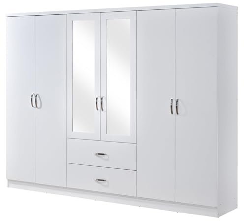 Swish Furniture Paddington White 6 Door Wardrobe Chrome Handles | Clothes Storage, Mirrored Wardrobe with Drawers, Heavy Duty Clothes Rails for Bedroom Furniture Hanging Storage Unit