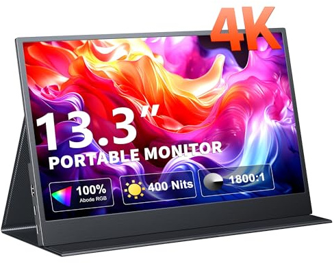 Monitor portatile 4K, schermo portatile UHD IPS da 13,3 pollici, secondo schermo doppio USB C HDMI per computer da gioco con altoparlanti, monitor da viaggio per PC, telefono, PS4/5, Xbox Switch
