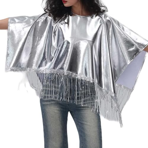 Metallic Poncho Damen mit Fransensaum Wetlook Glitzer Oberteile Party Rundhals Cape Locker Pullover Übergroße Umhang Mantel Glitzeroberteil Frauen Karneval Kostüm Disco Performance Faschingskostüm