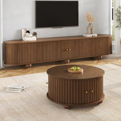Jaxenor TV-Lowboard 180cm+Couchtisch im Set – Geschwungener(Eiche-Optik) | TV-Schrank mit Vertikaler Reliefstruktur, 2 Schiebetüren, Metallgriffe, kugelförmige Füße, viel Stauraum fürs Wohnzimmer