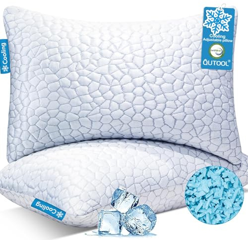 QUTOOL Cooling Pillow for Sleeping, CertiPUR-US Shredded Memory Foam Queen Pillows Set of 2, Cool Pillow for Hot Sleepers Adjustable Firm Pillow for Side, Back, Stomach Sleepers Soft Yet Support,White