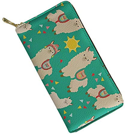 Coloranimal Damen Clutch-Handtasche aus Leder, bedruckt, lang Grün Alpaka Llama 20cm(L)x2.5cm(W)x11cm(H)