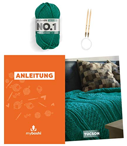 myboshi Strickset Decke Tucson, inkl No.1 Wolle, Nadel und Anleitung, Home, DIY-Strickpaket, 30% Merinowolle Grün mit Rundstricknadel