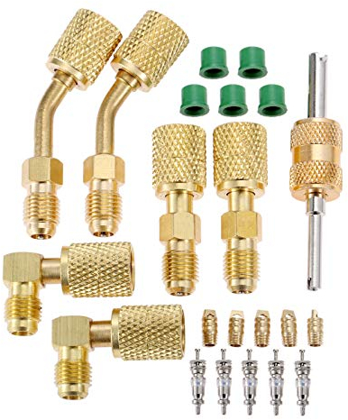 Aupoko R410A Adapter 6 teiliges Kit, 45 Grad & 90 Grad & Gerade Adapter 1/4 SAE Male auf 5/16 SAE Female für Mini-Split-System, mit Kühlventil-Kernentferner und Zubehör
