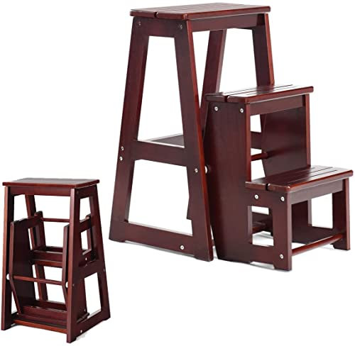 RELAX4LIFE Escabeau Tabouret Pliant 3 Marches Fabriqué en Pin, Multifonctionnel Portable Peu Encombrant Décoratif en Bois Naturel, Cuisine Chambre Bureau Magasin (Noyer foncé)