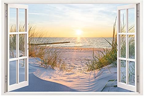Leinwandbild mit Fensterblick – Dünen und Meer 90 x 60 cm - Keilrahmen mit Druck