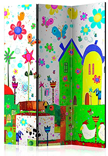 murando Raumteiler Foto Paravent für Kinder 135x172 cm beidseitig auf Vlies-Leinwand Bedruckt Trennwand Spanische Wand Sichtschutz Raumtrenner Design Land Hütten bunt wie gemalt