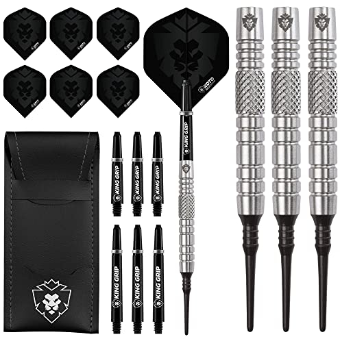 KOTO - Kingfly V2 Soft Tip Darts 18 G, Silber, 45.0x6.35mm Inkl. 3 Barrels, 2 Sets Flights + Schäfte & Dartwallet, Firm Ringgrip