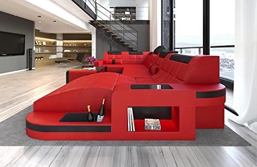 Wohnlandschaft Wave U Form Sofa in Leder - mit LED Beleuchtung, verstellbare Kopfstützen, Recamiere/Lederfarben wählbar/Ausrichtung wählbar (Ottomane rechts, Rot-Schwarz)