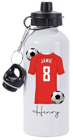 Pickhut Personalised Football 600ml White Aluminium Sports Water Bottle Back to School Gift for Kids, Customised with Name/Number/Text with Football Shirt Red Jersey Kit (D17)