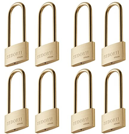 SEDORTI Lot de 8 cadenas résistants aux intempéries, clés identiques en laiton massif avec anse longue en laiton, légers, corps de 3,8 cm de large, cadenas marin, verrou antirouille,