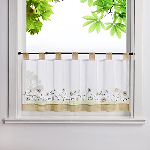 HeichkelL Bestickte Scheibengardine Voile Kurzstores mit Schlaufen Pastorale Küchengardinen Landhausstil Bistrogardine Braun BxH 120x60 cm