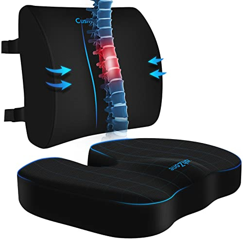 CushZone Cuscino da seduta, cuscino lombare con cinturino regolabile, per alleviare il dolore sciatica, con rivestimento lavabile in memory foam per auto, viaggio e sedia a rotelle, nero