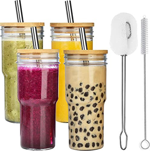 ALINK Lot de 4 gobelets en verre avec couvercle en bambou et pailles - 680 ml - Réutilisables - Pour thé à bulles, smoothies, jus - 2 brosses de nettoyage