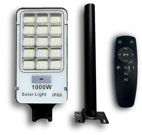 AntDau71 - Lampadaire solaire LED extérieur 1000W avec capteur crépusculaire et de mouvement équipé de télécommande et support noir de 50 cm, lampadaire solaire 420 LED IP66 6500k