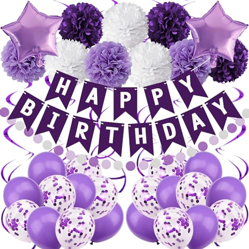 Recosis Violett Geburtstagsdeko, Happy Birthday Banner mit Pompoms Papier Girlande Wimpel Spiral und Luftballon Kindergeburtstag für Mädchen Junge Mann Frauen Geburtstags Dekorationen
