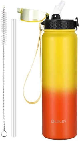 OLDLEY Stainless Steel Water Bottle with Straw 1L Vaccum Insulated Large Drink Flask Metal Water Bottles 1 Litre Leakproof Keep Drinks Hot Cold for Sports Gym Bike Adult(Yellow Orange, 1 Lid)