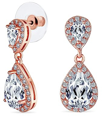 Orecchini pendenti a goccia con zirconi cubici AAA CZ a pavé per sposa, donna, ballo, teenager, in ottone placcato oro rosa
