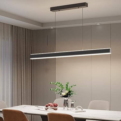 Mikeru 120cm Kücheninsel Licht, Moderne Schwarze LED Pendelleuchte 10%-100% Dimmbar 3000k/45000k/6500k Höhenverstellbare Pendelleuchten Hängelampe Esstisch für Büro, Schlafzimmer