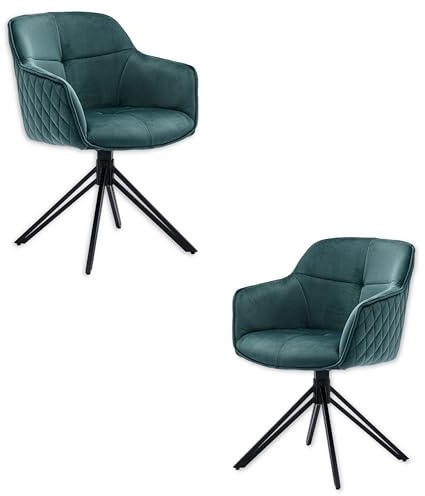 EMMA Esszimmerstühle 2er Set mit schwarzem Metallgestell, Grün - Bequeme Samt Stühle für Esszimmer & Wohnzimmer - 59 x 82 x 62 cm (B/H/T)