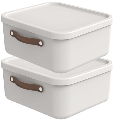 Rotho Maloja Aufbewahrungsbox mit Deckel 20 L 2er-Set stapelbar Creme-Weiß | Aufbewahrungsboxen, 2er-Set mit Deckel und Trageriemen, sicher stapelbar, modular kombinierbar, leicht zu reinigen, praktisch