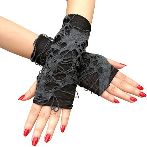 Sihaby Damen Punk Fingerlose Handschuhe,Halloween Cosplay Handschuhe,Schwarze Ripped Handschuhe,Gothic Handschuhe für Kostüm Party