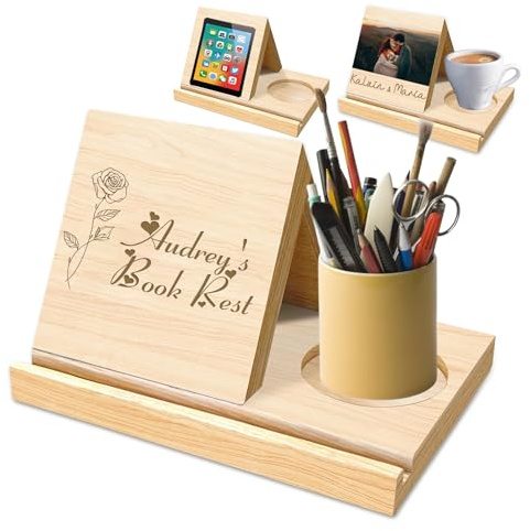 Personalised Wooden Book Rest with Cup Holder Custom Solid Oak Desktop Book Holder Stand for Page Rest Gifts for Readers Teachers Writers Home Decor