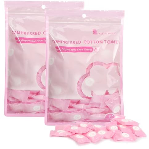 Classycoo Compressed Towel 200 PCS Mini Tablets Disposable Portable Face Towel Cotton Coin Tissue for Travel, Camping, Hiking, Sport, Beauty Salon, Home Hand Wipes and Other Outdoor Activities (2Pink)