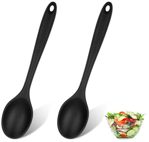 2 PCS Silicone Spoons Set Silicone Serving Spoon Mixing Spoon Black Nonstick Heat Resistant Cooking Utensils for Kitchen Cooking Baking Stirring Mixing