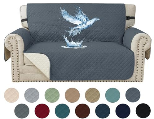 YSTELLAA 100% Wasserdicht Sofa Überzug 2 Sitzer, Couch Bezug Rutschfes, Waschbar Couchüberzug, Sofabezug Mit Armlehnen, Universal Sofa Covers Für Katze Hund, Mit Gummiband, Graublau