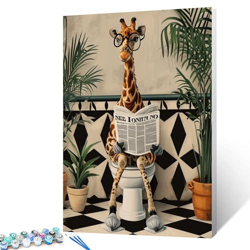 Tucocoo Malen nach Zahlen, Motiv: niedliche Giraffe auf Toilette, mit Pinseln und Acrylpigmenten auf Leinwand, Gemälde für Erwachsene, lustige Tiere, nordisches Badebild für Heimdekoration, Geschenke