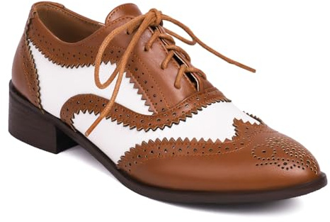 SHEMEE Women's Two Tone Oxfords Saddle Shoes Vintage Perforated Wingtip Brogues Laced Chunky Low Heels Pumps Brown,US 7.5