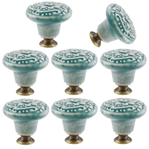 VEGCOO 8 Pcs Cupboard Door Knobs, Green Ceramic Vintage Cabinet Knobs, Handles for Chest of Drawers