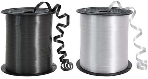 TONIFUL 450 Meters Geschenkband Schwarz und Silber -5mm Geschenkbänder luftballon schnur - luftballon band Luftballons Hochzeit Geschenkverpackung für Ballonverschlüsse, Geschenkverpackung