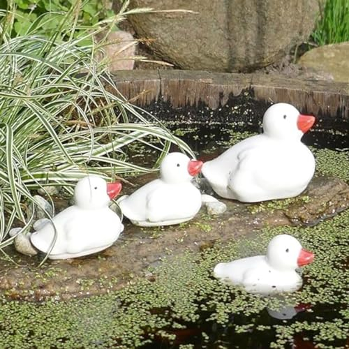 Keramik Entenfamilie - Schwimmdeko für Teich u. Garten - Elegante Dekoration weiß - Tierdeko für Miniteiche - Balkonteiche - Gartendeko Tierfiguren