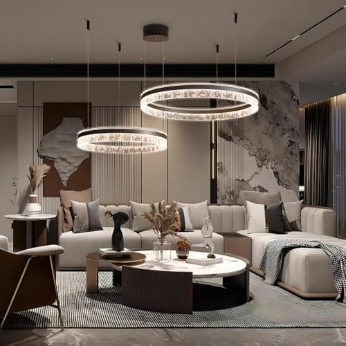 RuiRfh LED Kronleuchter Wohnzimmerlampe groß Moderne Pendelleuchte dimmbar mit Fernbedienung Hängelampe Moderne Esstischlampe braunes Aluminium runde Acrylbeleuchtung Deckenlampe Hotel Restaurant (SI
