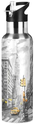 Bouteille d'eau avec paille étanche pour femmes, taxi New York, bouteille isotherme pour filles, garçons, sport, 600 ml