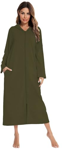 YARISNEY Ladies Full Zip Robe Long Sleeve Hoodie Duster Coat Soft Cotton Nightdress Long Lounger Robe with Pockets (Olive Green,XXL)
