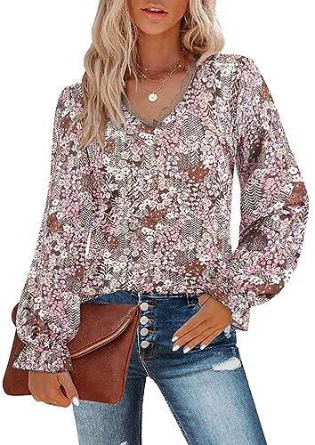 Flikity Ladies Long Sleeve Tops, Lace V Neck Women Blouses Womens Evening Going Out Top Ladies Top Size 16-18 Work Autumn Clothes Floral Shirts Khaki L