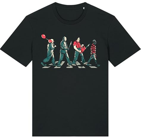 Horror Icons Abbey Road T-Shirt,Funny Halloween Graphic Tee,Classic Horror Movie Characters Shirt,Spooky Horror Crossover Costume Top,Halloween Party Apparel,Unisex Gift Top