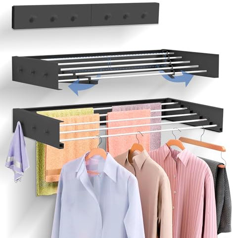 JUPPLIES - Tendedero Pared Plegable Retractil 100cm con Perchero Lateral - Tendederos Plegables de Pared para Interior o Exterior - Diseño Compacto de 30 kg de Capacidad - (100cm, Negro)
